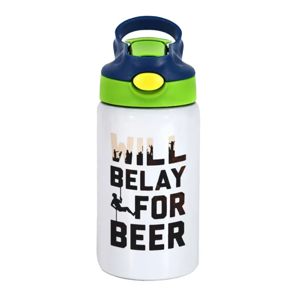Will Belay For Beer — Παιδικό παγούρι θερμό, ανοξείδωτο, με καλαμάκι ασφαλείας, πράσινο/μπλε (350ml)