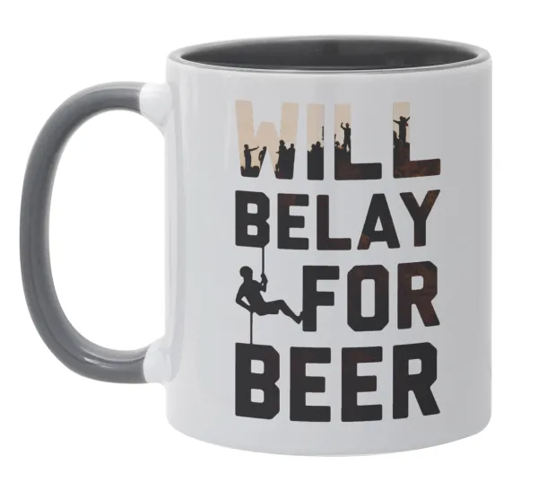 Will Belay For Beer — Κούπα χρωματιστή γκρι, κεραμική, 330ml