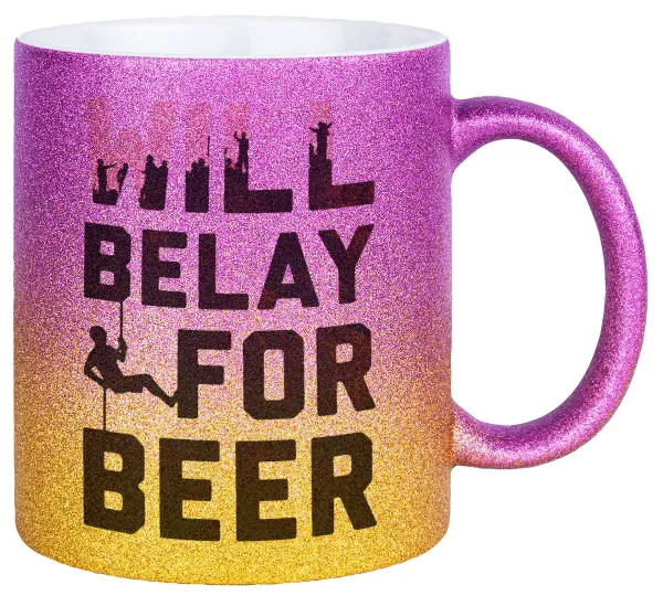 Will Belay For Beer — Gold/pink glitter mug, ceramic, 330ml