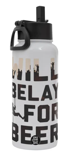 Will Belay For Beer — Metal mug thermo White with Straw and Spout Lid (Stainless steel), double wall, 950ml