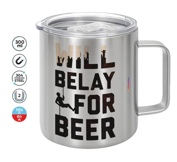 Will Belay For Beer — Double-walled stainless steel mug 300ml with temperature-retaining lid