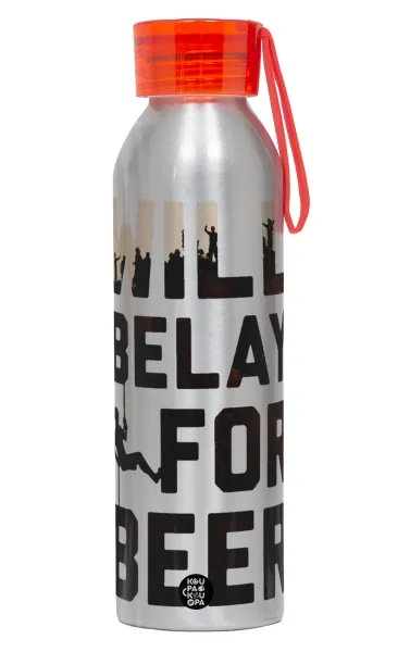 Will Belay For Beer — Αλουμινένιο Αθλητικό Μπουκάλι 650ml – Ασημί με Κόκκινο Καπάκι και Λουράκι Σιλικόνης