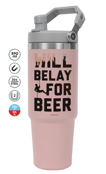 Will Belay For Beer — ΡΟΖ Travel Tumbler Θερμός με χερούλι και καλαμάκι 890ml