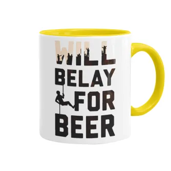 Will Belay For Beer, Κούπα χρωματιστή κίτρινη, κεραμική, 330ml