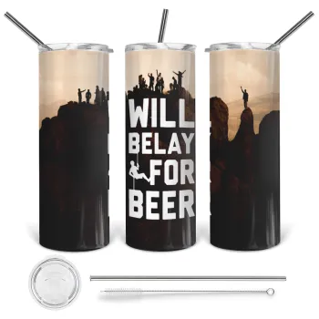 Will Belay For Beer, Tumbler stainless steel 600ml, with metal straw & cleaning brush
