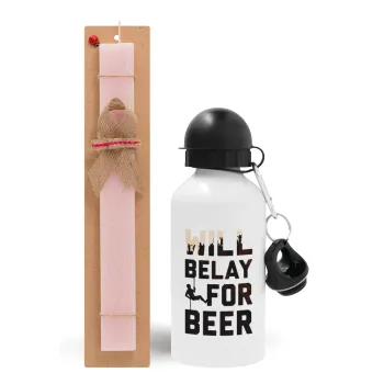 Will Belay For Beer, Easter Set, metallic aluminum bottle (500ml) & aromatic flat Easter candle (30cm) (PINK)