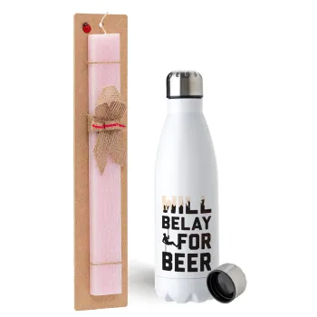 Will Belay For Beer, Easter Set, metallic stainless steel water bottle (750ml) & scented flat Easter candle (30cm) (PINK)