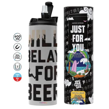Will Belay For Beer, Tumbler ποτήρι θερμό ΓΚΡΙ από ανοξείδωτο ατσάλι 600ml
