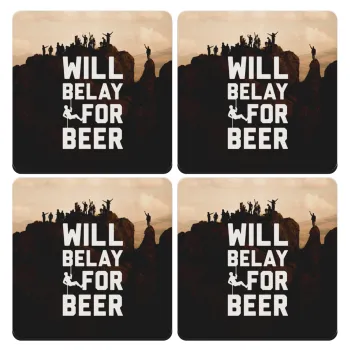 Will Belay For Beer, ΣΕΤ 4 Σουβέρ ξύλινα τετράγωνα (9cm)