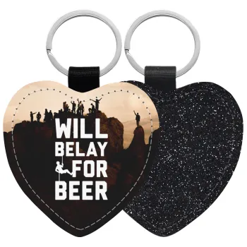 Will Belay For Beer, Μπρελόκ PU δερμάτινο glitter καρδιά ΜΑΥΡΟ