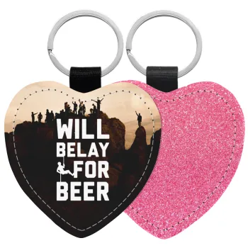 Will Belay For Beer, Μπρελόκ PU δερμάτινο glitter καρδιά ΡΟΖ