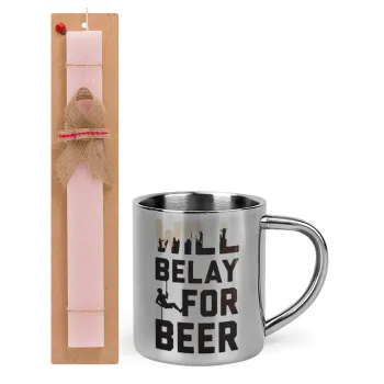 Will Belay For Beer, Easter Set, metallic thermal cup (300ml) & aromatic flat Easter candle (30cm) (PINK)