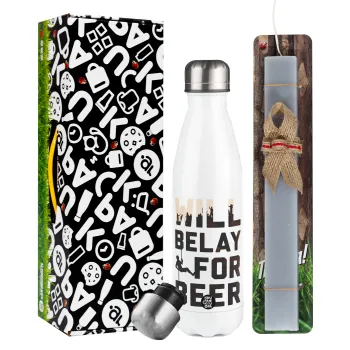 Will Belay For Beer, Easter candle, metallic white thermos bottle (500ml) & aromatic flat candle (30cm) (GRAY)