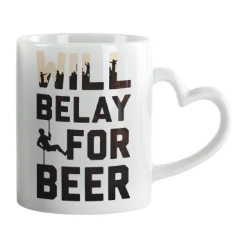 Will Belay For Beer, Κούπα καρδιά χερούλι λευκή, κεραμική, 330ml