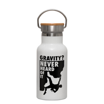 Gravity? Never heard of that!, Metallic thermos (Stainless steel) White with wooden lid (bamboo), double-walled, 350ml