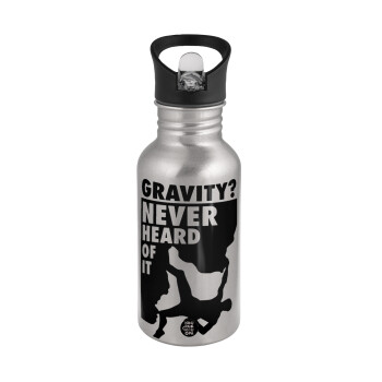 Gravity? Never heard of that!, Water bottle Silver with straw, stainless steel 500ml