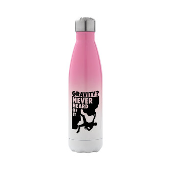 Gravity? Never heard of that!, Metal mug thermos Pink/White (Stainless steel), double wall, 500ml