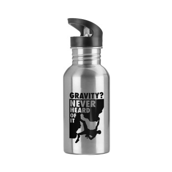 Gravity? Never heard of that!, Water bottle Silver with straw, stainless steel 600ml