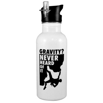 Gravity? Never heard of that!, White water bottle with straw, stainless steel 600ml