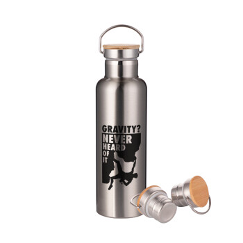 Gravity? Never heard of that!, Stainless steel Silver with wooden lid (bamboo), double wall, 750ml