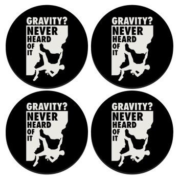 Gravity? Never heard of that!, SET of 4 round wooden coasters (9cm)