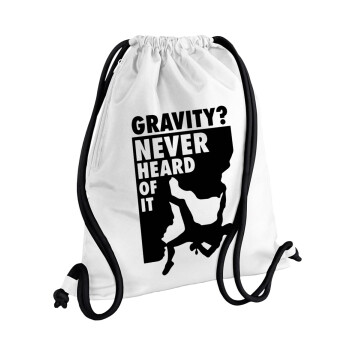 Gravity? Never heard of that!, Backpack pouch GYMBAG white, with pocket (40x48cm) & thick cords