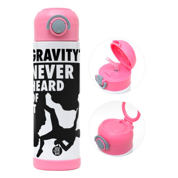 Gravity? Never heard of that!, Children's hot water bottle, stainless steel, with safety straw, PINK (500ml)