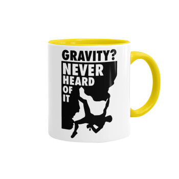 Gravity? Never heard of that!, Mug colored yellow, ceramic, 330ml