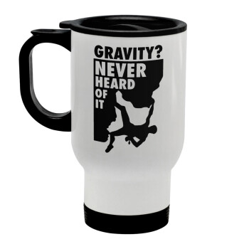 Gravity? Never heard of that!, Stainless steel travel mug with lid, double wall white 450ml