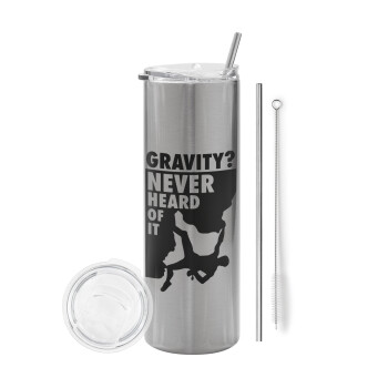 Gravity? Never heard of that!, Eco friendly ποτήρι θερμό Ασημένιο (tumbler) από ανοξείδωτο ατσάλι 600ml, με μεταλλικό καλαμάκι & βούρτσα καθαρισμού