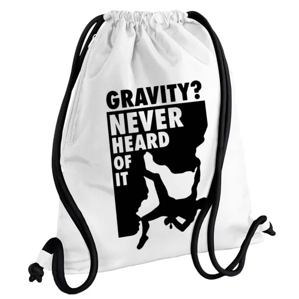 Gravity? Never heard of that! — Τσάντα πλάτης πουγκί GYMBAG λευκή, με τσέπη (40x48cm) & χονδρά κορδόνια