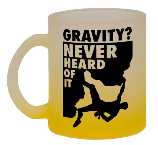 Gravity? Never heard of that! — Κούπα γυάλινη δίχρωμη με βάση το κίτρινο ματ, 330ml