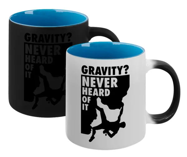 Gravity? Never heard of that! — Magic mug with blue interior, ceramic, 330ml, changes colour with hot drinks