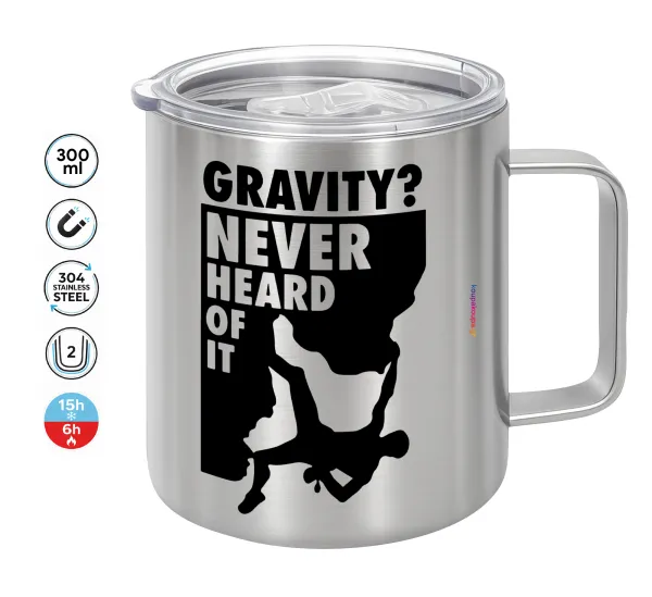Gravity? Never heard of that! — Double-walled stainless steel mug 300ml with temperature-retaining lid