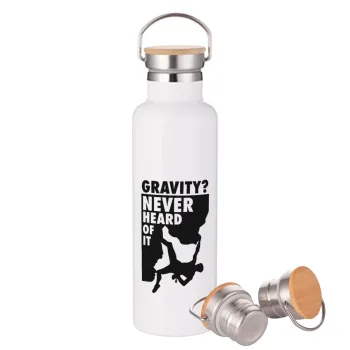 Gravity? Never heard of that!, Μεταλλικό παγούρι θερμός (Stainless steel) Λευκό με ξύλινο καπάκι (bamboo), διπλού τοιχώματος, 750ml