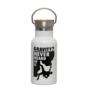 Gravity? Never heard of that!, Μεταλλικό παγούρι θερμός (Stainless steel) Λευκό με ξύλινο καπακι (bamboo), διπλού τοιχώματος, 350ml