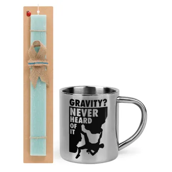 Gravity? Never heard of that!, Easter Set, metallic thermal cup (300ml) & aromatic flat Easter candle (30cm) (TURQUOISE)