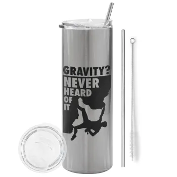 Gravity? Never heard of that!, Tumbler ποτήρι θερμό Ασημένιο από ανοξείδωτο ατσάλι 600ml, με μεταλλικό καλαμάκι & βούρτσα καθαρισμού