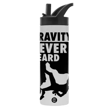 Gravity? Never heard of that!, Metallic thermos bottle with straw & handle, stainless steel (Stainless steel 304), double-walled, 600ml.