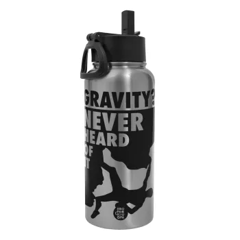 Gravity? Never heard of that!, Μεταλλικό παγούρι θερμός Silver με καλαμάκι και χερούλι (Stainless steel), διπλού τοιχώματος, 950ml