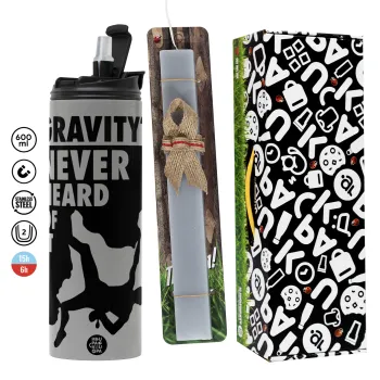 Gravity? Never heard of that!, Πασχαλινή Λαμπάδα με Travel Tumbler θερμό (600ml, BPA free) & κερί αρωματικό πλακέ (30cm) (ΓΚΡΙ)