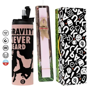 Gravity? Never heard of that!, Πασχαλινή Λαμπάδα με  ΡΟΖ Travel Tumbler θερμό (600ml, BPA free) & κερί αρωματικό πλακέ (30cm) (ΡΟΖ)