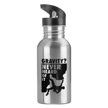 Gravity? Never heard of that!, Water bottle Silver with straw, stainless steel 600ml