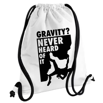 Gravity? Never heard of that!, Backpack pouch GYMBAG white, with pocket (40x48cm) & thick cords