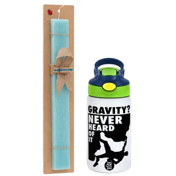 Gravity? Never heard of that!, Easter Set, Children's thermal stainless steel bottle with safety straw, green/blue (350ml) & aromatic flat Easter candle (30cm) (TURQUOISE)