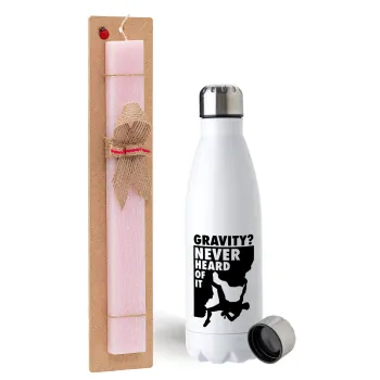 Gravity? Never heard of that!, Πασχαλινή Λαμπάδα με μεταλλικό παγούρι ανοξείδωτο (750ml) & κερί αρωματικό πλακέ (30cm) (ΡΟΖ)