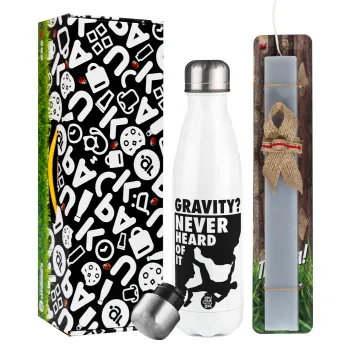 Gravity? Never heard of that!, Easter candle, metallic white thermos bottle (500ml) & aromatic flat candle (30cm) (GRAY)