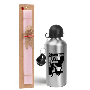 Gravity? Never heard of that!, Easter Set, metallic Silver aluminum water bottle (500ml) & scented flat Easter candle (30cm) (PINK)