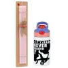 Easter Set, Children's thermal stainless steel water bottle with safety straw, pink/purple (350ml) & Easter scented flat candle (30cm) (PINK)