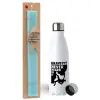 Easter Set, metallic stainless steel water bottle (750ml) & aromatic flat Easter candle (30cm) (TURQUOISE)